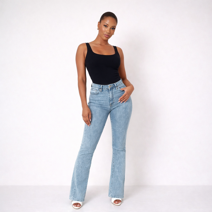 Women Jeans High Waist Flared Leg Stretch Denim