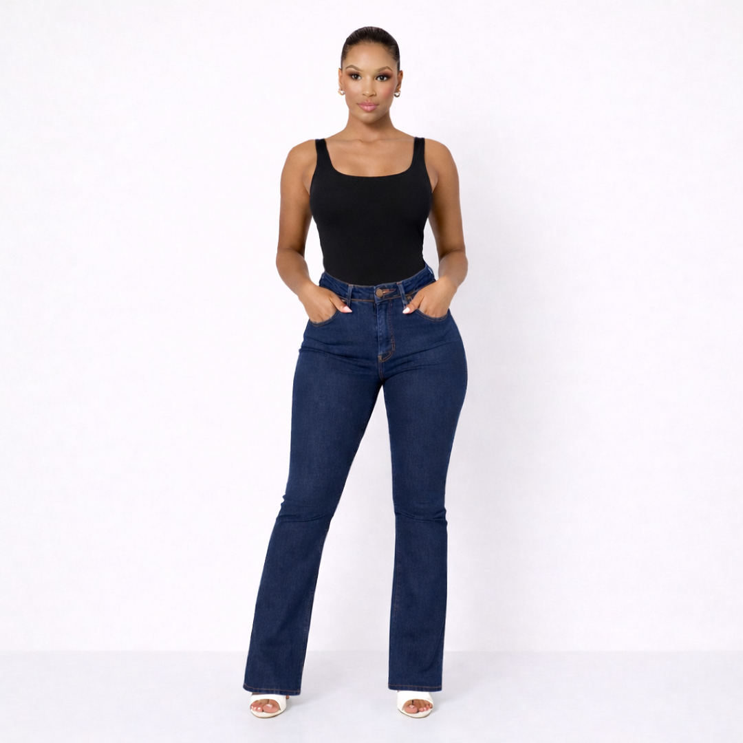 Women Jeans High Waist Flared Leg Stretch Denim