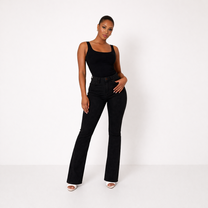 Women Jeans High Waist Flared Leg Stretch Denim