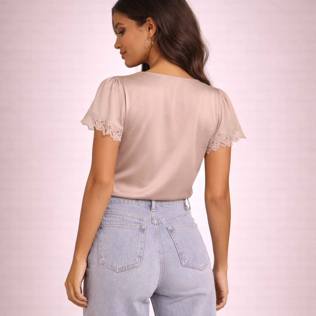 Women Top Short Sleeve V Neck Wrap Front Lace Sleeve