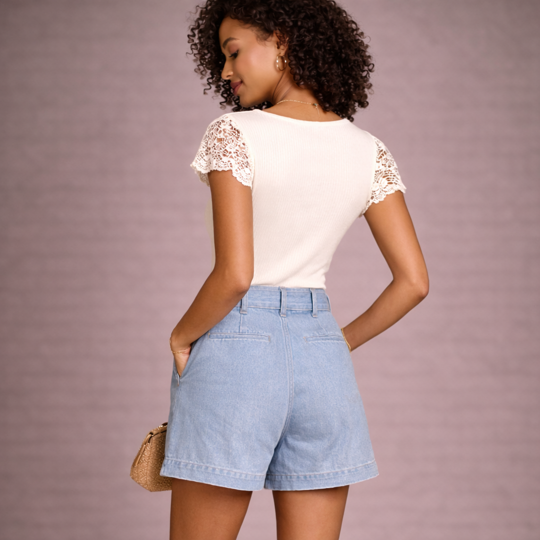 Women Top Short Sleeve V Neck Lace Detail