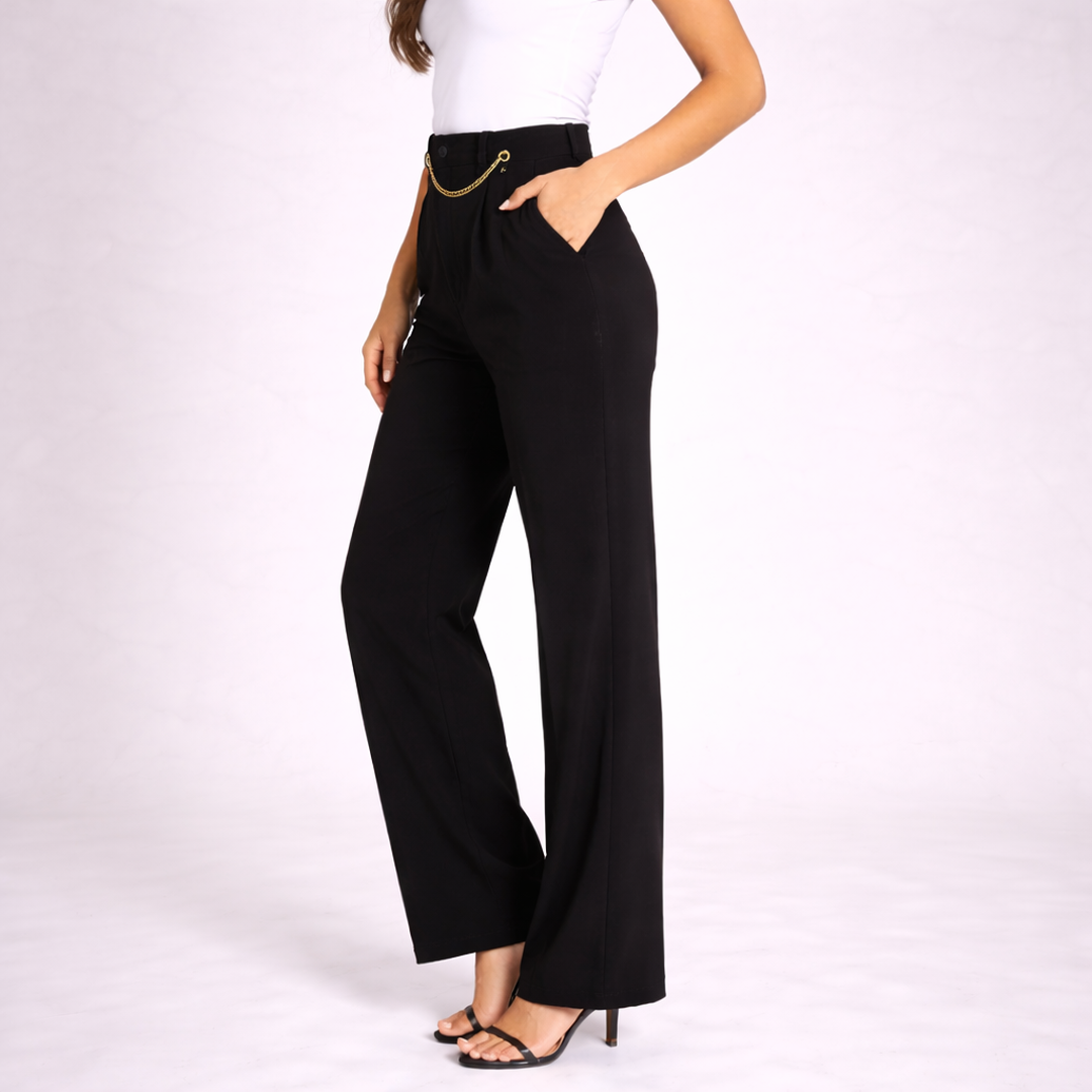 Women Trousers High Waist Straight Leg Chain Detail